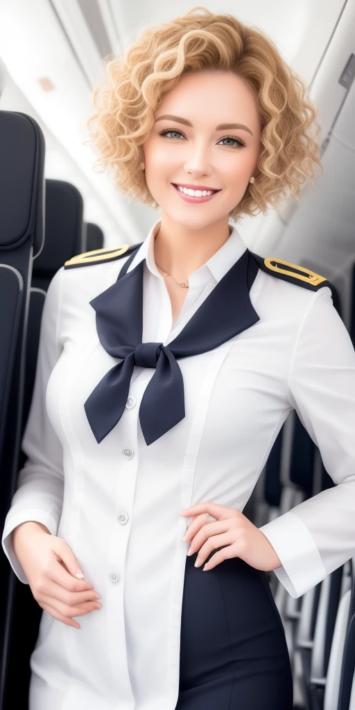 (white flight attendant uniform),looking at viewer,smiling,happy,curly blond short hair, standing, inside the airplane,