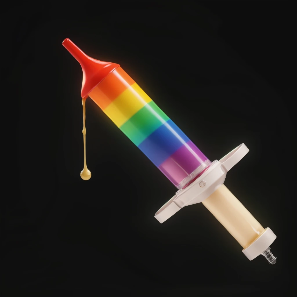 rainbow syringe, rainbow cream inside, cream drips, realistic texture, realistic style, detailed texture, high quality, high resolution, high quality rendering, realistic photo, brightning light, macro photo, ultra hd 4k