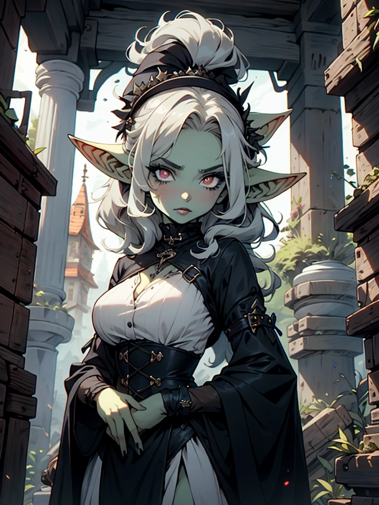 high-quality, ultra-detailed, white hair, long disheveled hair, colored skin, ((gray skin)) red eyes, glowing eyes, underground scene, large_breast, elf ears, pointed ears, blue aura, monster girl, monster girl, goth girl, goth makeup, pawg, tomboy, Dark, Ethereal, fantasy, details, style, gothic, melacholy, allusive, goblin girl, goblin girl, richly dressed, feline girl