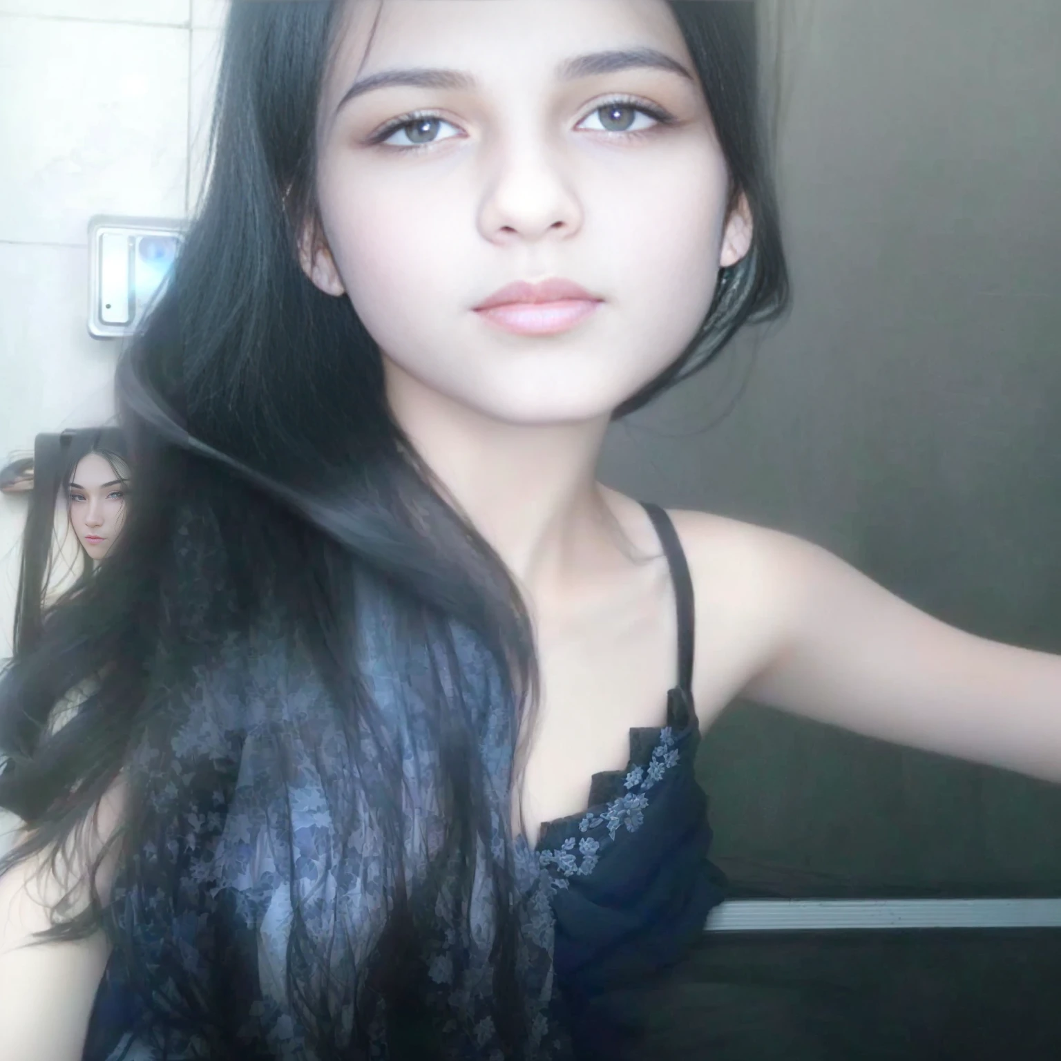 there is a woman with long black hair posing for a picture, with straight black hair, with very thin lips, 18 years old, with long hair, selfie of a young woman, selfie photo, low quality photograph, with long black hair, she is about 1 6 years old, selfie, 1 6 years old, sexy face, low quality video, with black hair