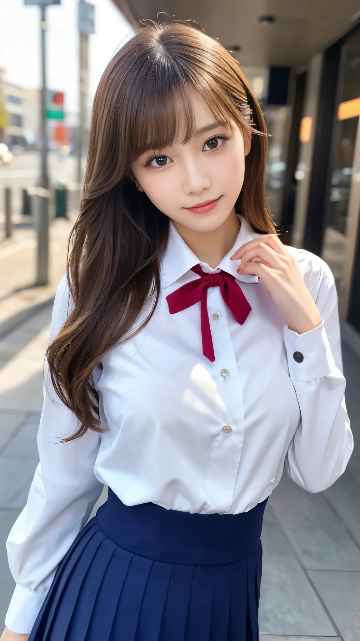 (Detailed skin:1.2),(Shiny skin:1.1),8K,Highest quality, masterpiece, Ultra-high resolution,(Realistic:1.4), RAW Photos,(Soft saturation:1.3),(Fair skin:1.2),Japanese Idols,repair,20 years, Light brown hair, （Shore Surf:1.2)、（Long Hairstyles:1.2), Asymmetrical Hair, Asymmetrical bangs (Pretty face:1.4), (Large Breasts, Tight waist), Beautiful lighting, Small Head, (Student Uniform:1.2,),Highly detailed face, Highly detailed lips, fine grain, double eyelid,（Full Body Shot）, Browsing Caution, （Sharp focus: 1.2）, （Perfect Anatomy、Beautiful woman with perfect figure: 1.2）、Random sexy poses，Accentuate your leg lines、Smiling