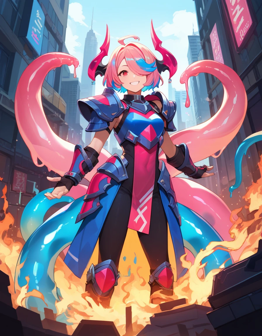 best quality, 4K, masterpiece, Extremely detailed, High Detail, 1 Girl, Solitary, Perry, Blue Hair, Hair covering one eye, Colorful hair, Double tail, Pink Hair, Red Eyes, Two-tone hair, armor, Smile, Burning city background，Slime-covered tentacles