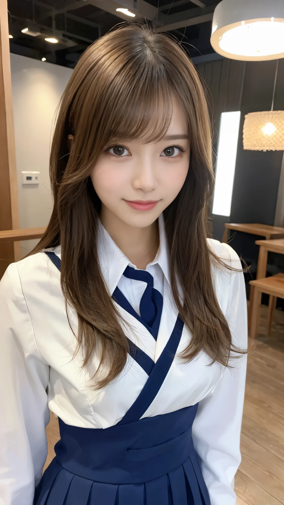 (Detailed skin:1.2),(Shiny skin:1.1),8K,Highest quality, masterpiece, Ultra-high resolution,(Realistic:1.4), RAW Photos,(Soft saturation:1.3),(Fair skin:1.2),Japanese Idols,repair,20 years, Light brown hair, (Shore Surf:1.2)、(Long Hairstyles:1.2), Asymmetrical Hair, Asymmetrical bangs (Pretty face:1.4), (Large Breasts, Tight waist), Beautiful lighting, Small Head, (Student Uniform:1.2,),Highly detailed face, Highly detailed lips, fine grain, double eyelid,(Full Body Shot), Browsing Caution, (Sharp focus: 1.2), (Perfect Anatomy、Beautiful woman with perfect figure: 1.2)、Random sexy poses,Accentuate your leg lines、Smiling