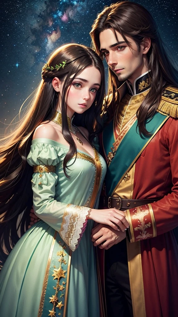 colorful forest, Sky with Stars,Glitter, a man and a Woman,faces, woman brown hair, man black Hair both green eyes, sad, man short Hair, royal clothes, woman long hair