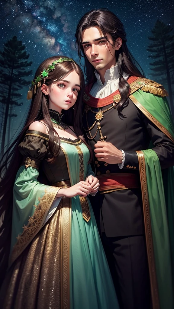 colorful forest, Sky with Stars,Glitter, a man and a Woman,faces, woman brown hair, man black Hair both green eyes, sad, man short Hair, royal clothes, woman long hair