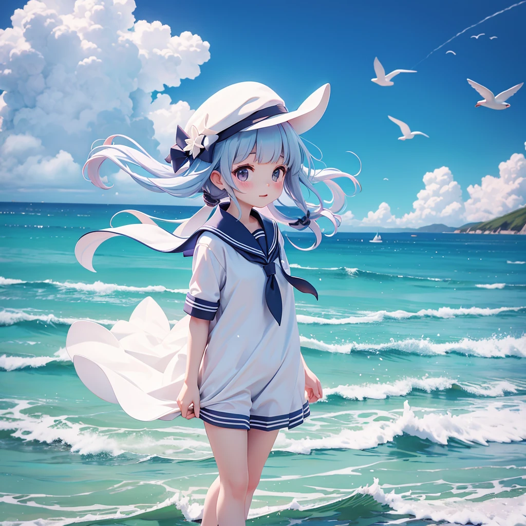 translucent sailor suit、Seaside、Highest quality、the wind is strong