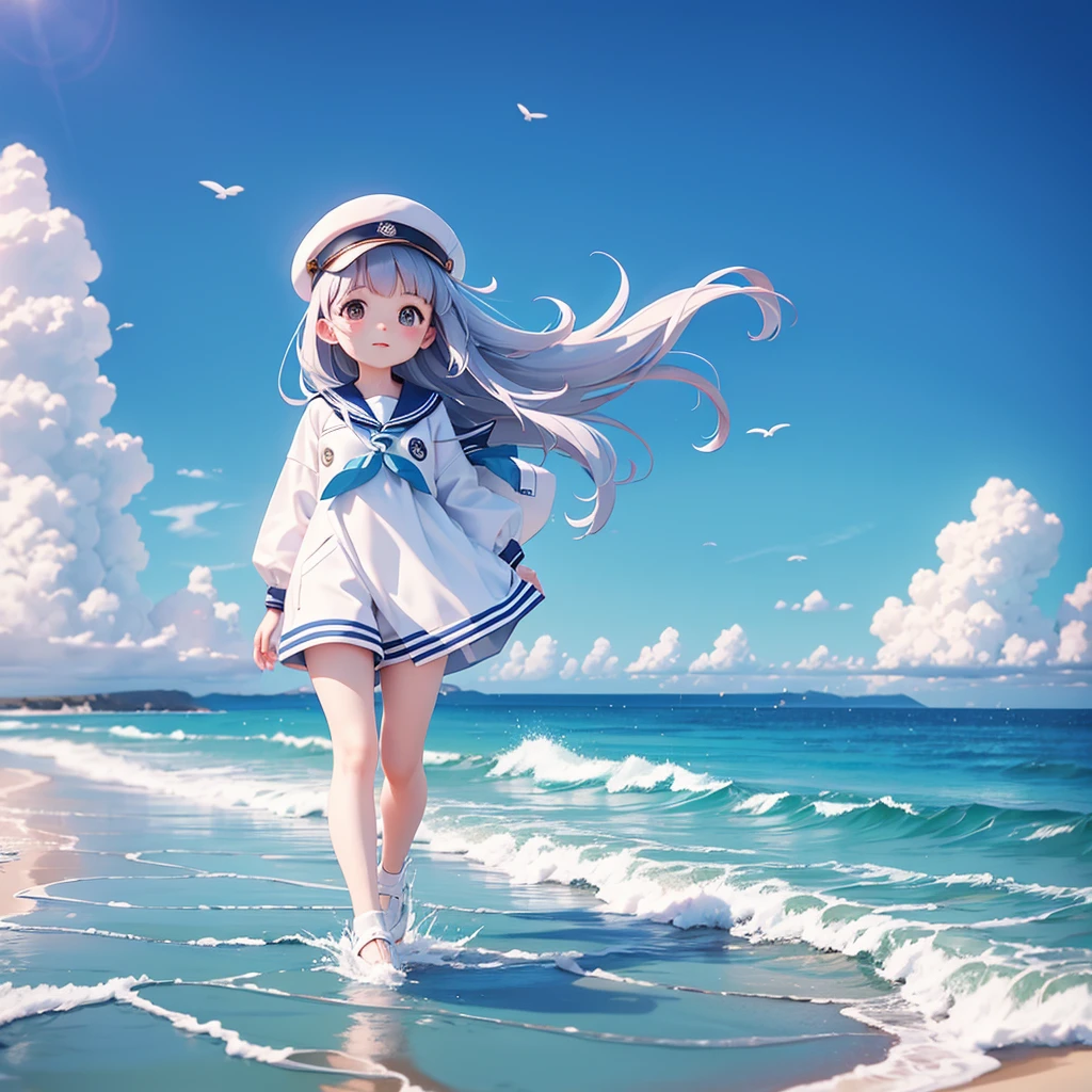 translucent sailor suit、Seaside、Highest quality、the wind is strong