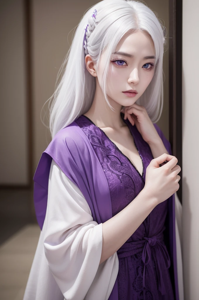 Woman of Asian descent, bee, White hair and pale skin, Purple colored eyes, despite the beautiful skin, He has scars on his skin as a result of the experiments he has undergone over the years., revenge, hatred is in your eyes. 3x4 photo of the character. Conservative Clothes