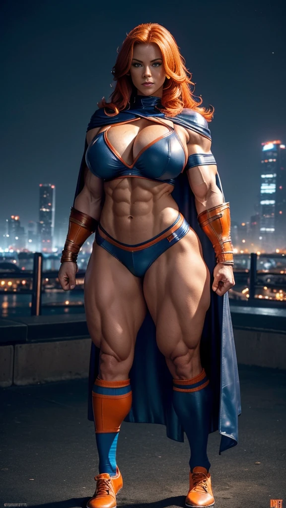 (Busty muscular brute cute Lorah, huge strong biceps volume, huge firm breasts volume, enormous tits volume, strong tonned exposed abs, muscular strong legs, bodybuilder muscles bursting in strength, exposed abs skin, tight superheroine leather blue underwear, light orange cape, ginger hair, blue eyes, night city background, socks