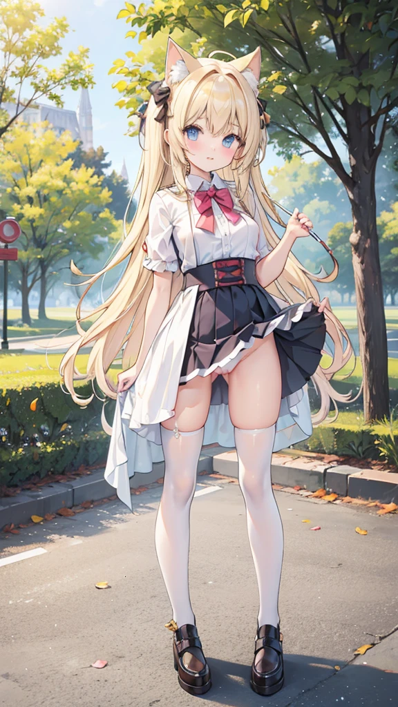 Cosplay Girl in park showing pussy in open skirt 