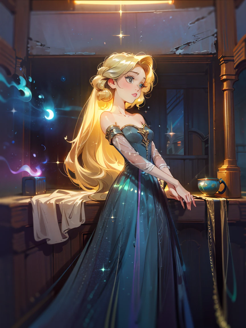 bioluminescent shiny glow, beautiful girl in flowing ballgown dress, galaxy style dress, galaxy glow, sparkling, ethereal, fluffy flowing hair, silky glistening iridescent ash hair, 