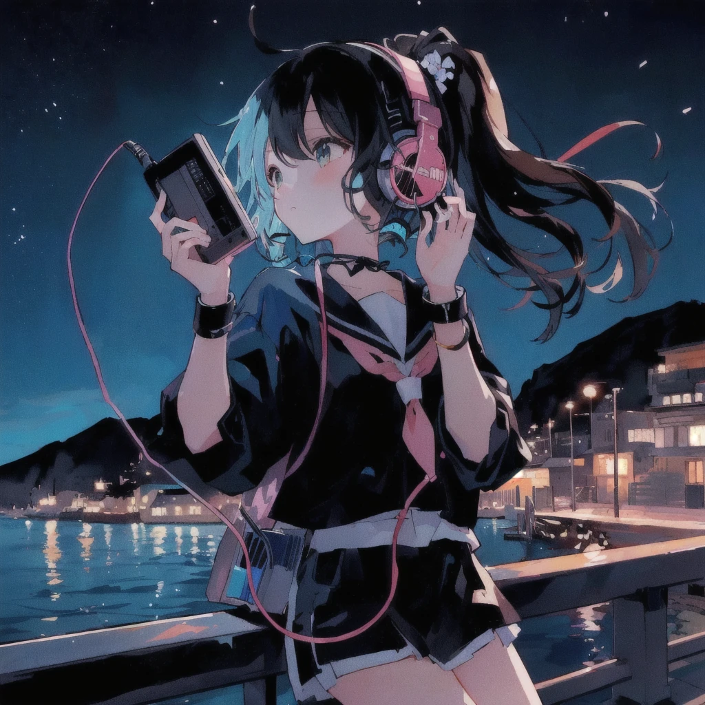 Anime girl listening to music on an old cassette player by the water, A puzzled look,headphone,Anime atmosphere, Anime Style 4k, 80年代のAnime atmosphere, Seaside town at night,Lo-fi Girl, Nightcore, 4K Manga Wallpapers, A mix of anime style and Fujifilm, Anime Aesthetics, anime wallpaper 4k, anime wallpaper 4k, Lo-fi art style, 4k anime wallpaper, Ultra HD Anime Wallpaper