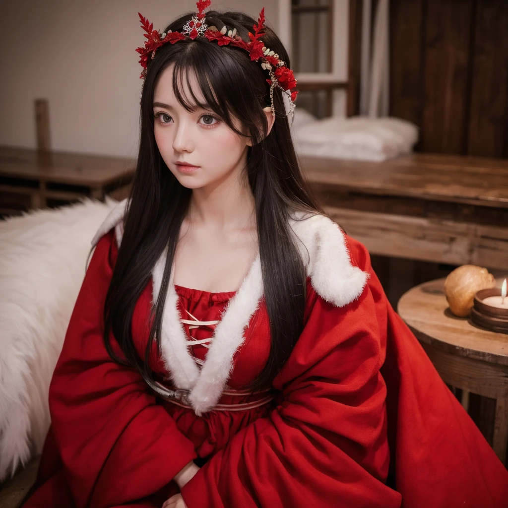 、Highest quality , sexy, Ultra-high resolution, RAW Photos, girl, indoor, White skin, Long Hair ,whole body,Black Hair、Red color clothes、Icelandic national costume、Red color crown、