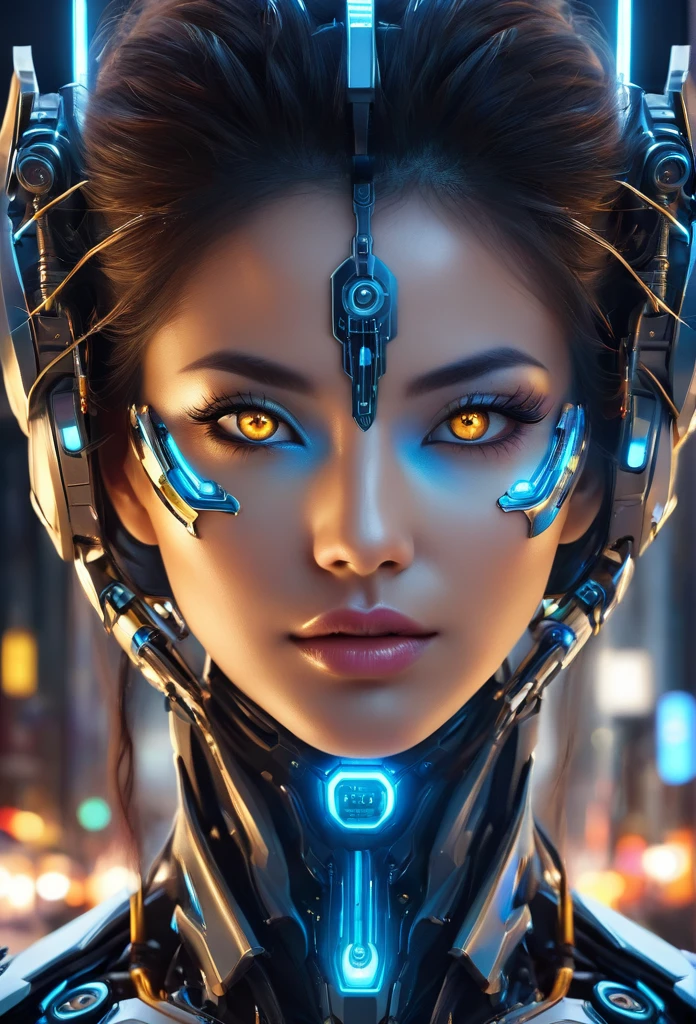 A close-up of a futuristic cyborg face, combining human and robotic elements. Detailed mechanical parts should be visible, with glowing LED lights and metallic textures. The eyes should be a mix of human and robotic, reflecting advanced technology. The background should have a sci-fi aesthetic, possibly with digital elements or futuristic cityscapes.

