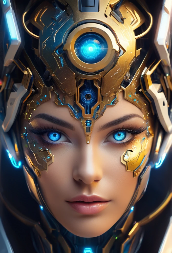 A close-up of a futuristic cyborg face, combining human and robotic elements. Detailed mechanical parts should be visible, with glowing LED lights and metallic textures. The eyes should be a mix of human and robotic, reflecting advanced technology. The background should have a sci-fi aesthetic, possibly with digital elements or futuristic cityscapes.