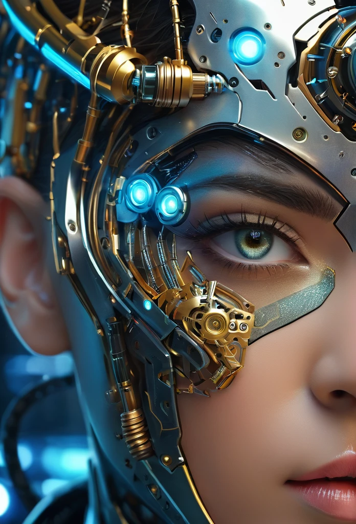 A close-up of a futuristic cyborg face, combining human and robotic elements. Detailed mechanical parts should be visible, with glowing LED lights and metallic textures. The eyes should be a mix of human and robotic, reflecting advanced technology. The background should have a sci-fi aesthetic, possibly with digital elements or futuristic cityscapes.