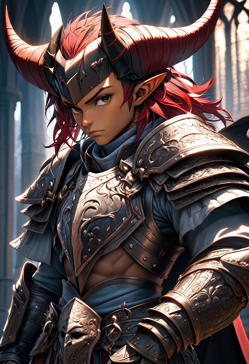 a powerful man knight, dark skin, red spiky hair, pointy ears, horns, wearing half-armor, dramatic shadows, digital art, highly detailed, intricate details, cinematic lighting, epic fantasy, (best quality,4k,8k,highres,masterpiece:1.2),ultra-detailed,(realistic,photorealistic,photo-realistic:1.37),concept art