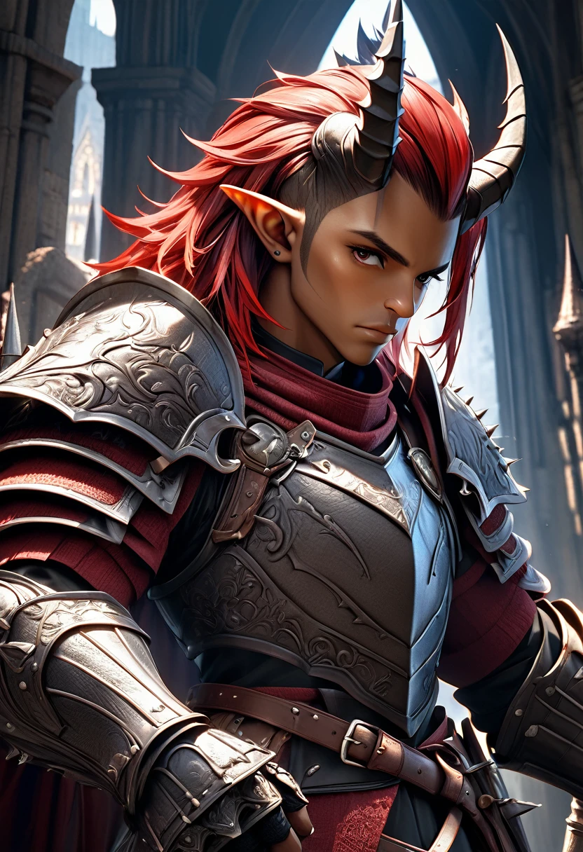 a powerful man knight, dark skin, red spiky hair, pointy ears, horns, wearing half-armor, dramatic shadows, digital art, highly detailed, intricate details, cinematic lighting, epic fantasy, (best quality,4k,8k,highres,masterpiece:1.2),ultra-detailed,(realistic,photorealistic,photo-realistic:1.37),concept art