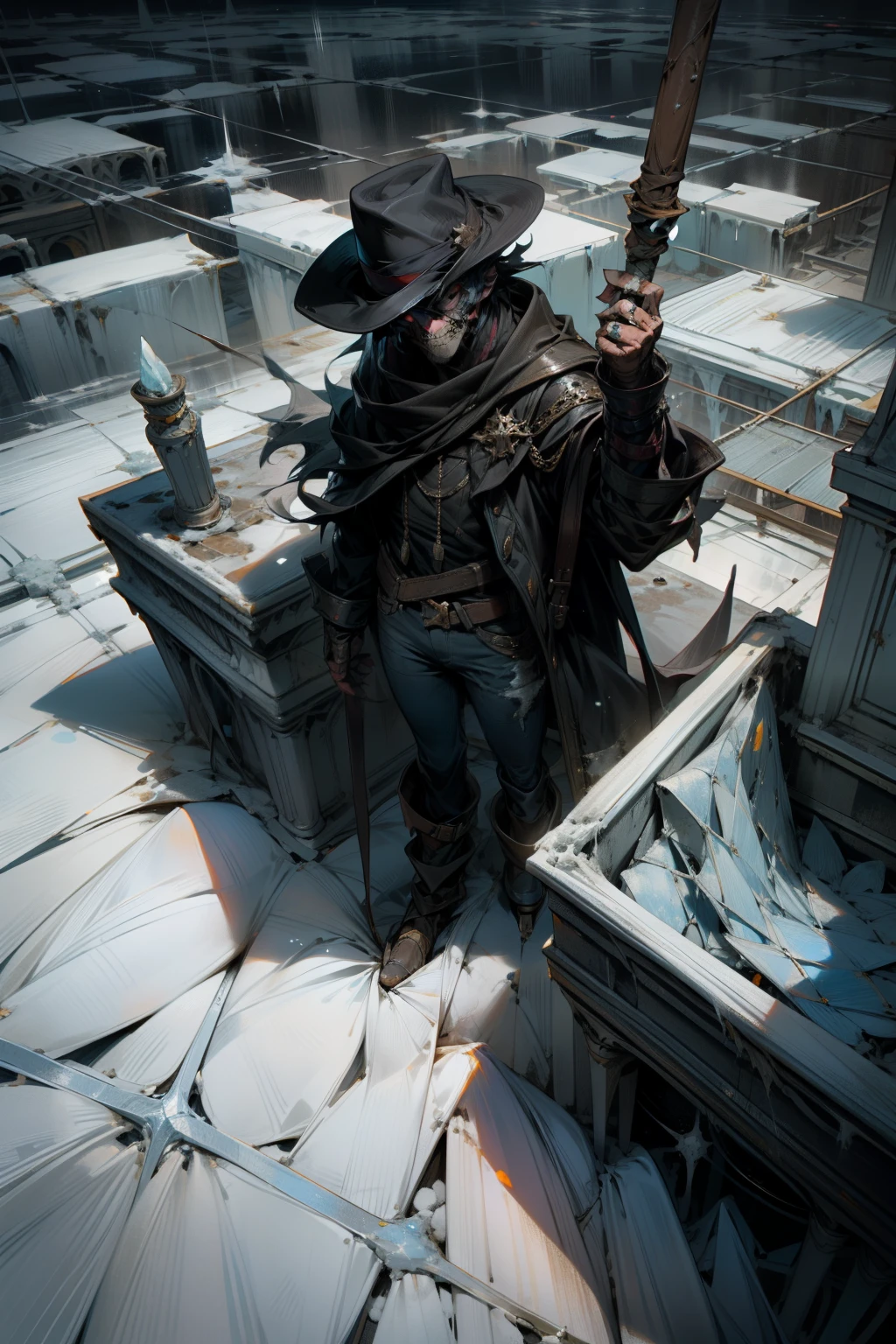 Prompt: From a lofty vantage point, a solitary 32-year-old man stands above a vast expanse of ice, bathed in the ethereal glow of a light-blue fabric roof. Beneath this roof, a colossal sleeping zombie lies, its surface marred by a myriad of marks, cracks, and bubbles, casting an blurred silhouette against the ice. The undead creature is clad in sagging, filthy clothing that seemingly belong to another era.
As night descends and the light fades, the man, clad in a jacket, jeans, and a colored hat, faces the giant zombie with a mixed expression of
