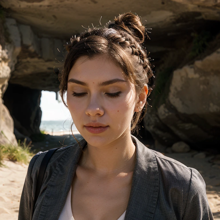 close-up photography of woman, closed eyes, normal body type, (looking at viewer:1.3) BREAK taupe rayon uniform BREAK (pastel top knot hair:1.2) BREAK beach cave in background, evening, foggy weather