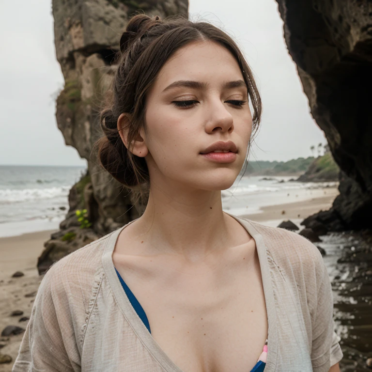 close-up photography of woman, closed eyes, normal body type, (looking at viewer:1.3) BREAK taupe rayon uniform BREAK (pastel top knot hair:1.2) BREAK beach cave in background, evening, foggy weather