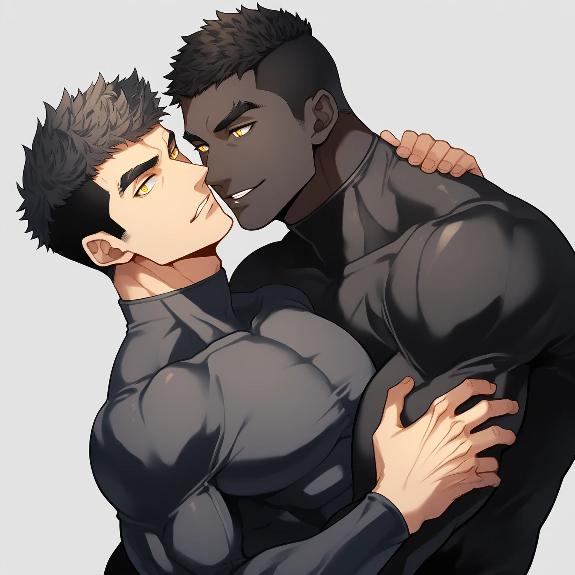 anime characters:Two superheroes in tights, Muscle superhero, black skin, They hugged and kissed each other, Bite your neck, Caress, Manliness, male focus, Yellow and black high collar long sleeve tight T-shirt, Slightly transparent material, Very tight, Round, full and perky chest muscles, Muscle waist, Slightly transparent, muscular male, muscular, only, Upper body, alone, Black short hair, Thick eyebrows, stubble, Yellow eyes, Grey background, simple background, amazing quality, best aesthetics, Ridiculous, bright pupils, crew cut, parted lips, seductive smile, torogao, naughty face, drop shadow, best quality