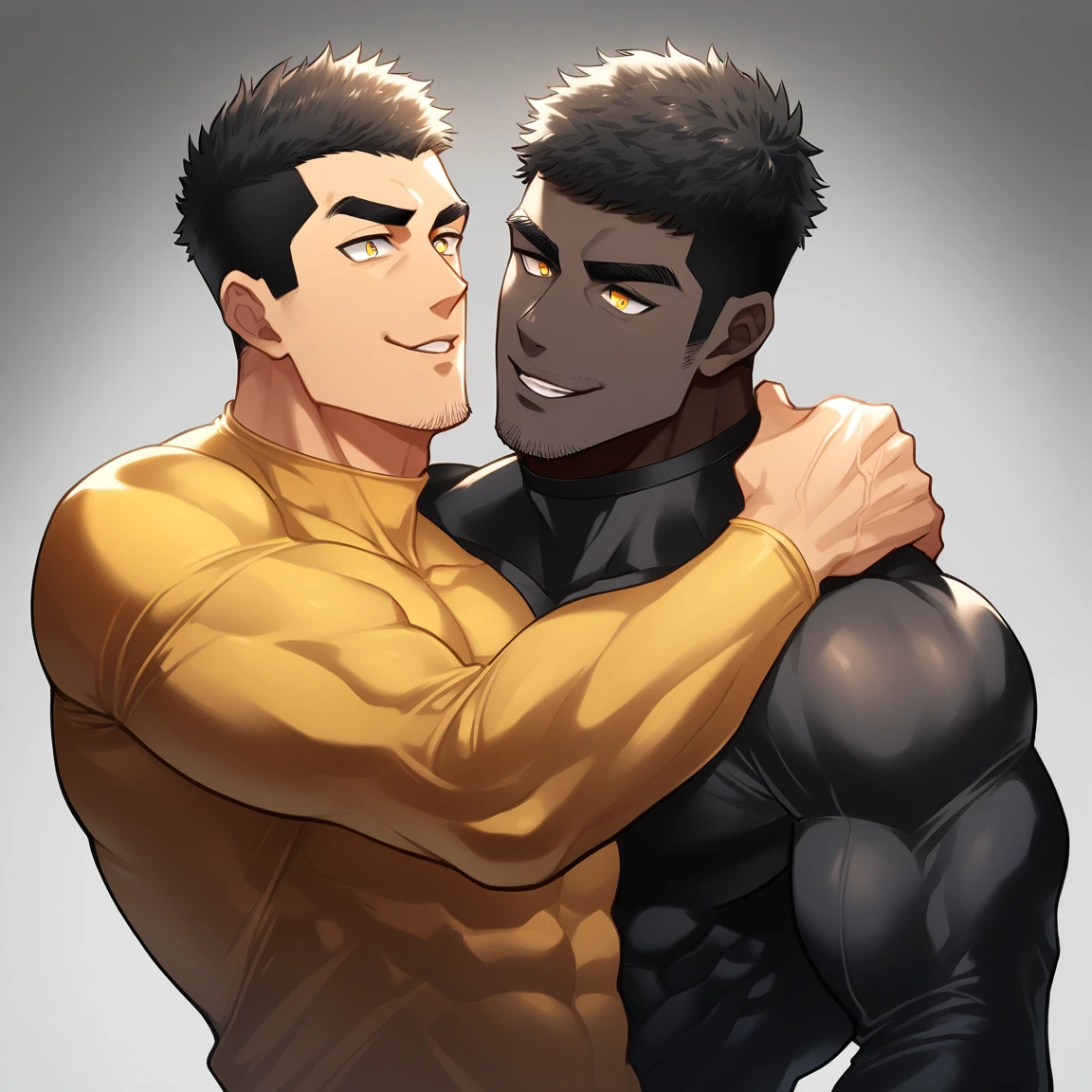 anime characters:Two superheroes in tights, Muscle superhero, negro black skin, They hugged and kissed each other, Bite your neck, Caress, Manliness, male focus, Yellow and black high collar long sleeve tight T-shirt, Slightly transparent material, Very tight, Round, full and perky chest muscles, Muscle waist, Slightly transparent, muscular male, muscular, only, Upper body, alone, Black short hair, Thick eyebrows, stubble, Yellow eyes, Grey background, simple background, amazing quality, best aesthetics, Ridiculous, bright pupils, crew cut, parted lips, seductive smile, torogao, naughty face, drop shadow, best quality