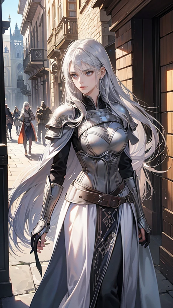 Young woman, Perfect woman body, epic character, (beautiful, Tall, elegant,long silver hair, silver eyes, Frown, silver light armor,stand in medieval town),dramatic shadow, Ray Tracing,(masterpiece, high resolution, perfect black eyes, fullshot angle, ultra - detailed:1.0)