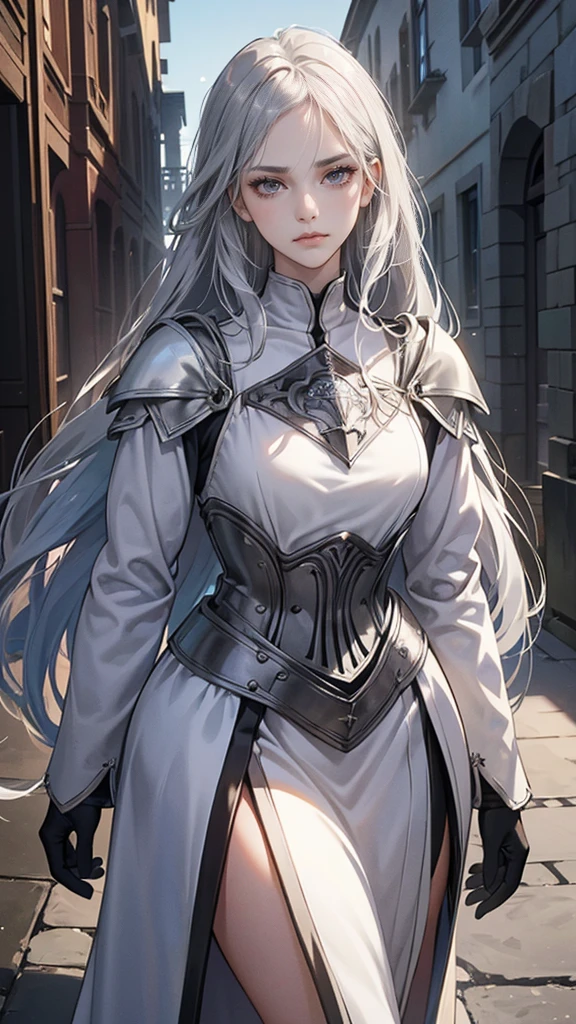 Young woman, Perfect woman body, epic character, (beautiful, Tall, elegant,long silver hair, silver eyes, Frown, silver light armor,stand in medieval town),dramatic shadow, Ray Tracing,(masterpiece, high resolution, perfect black eyes, fullshot angle, ultra - detailed:1.0)
