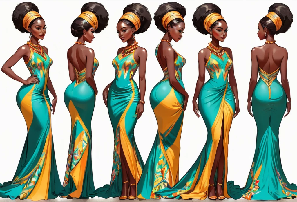 A woman standing, poses, different views point, different angle view, wearing a gown, African (masterpiece best quality:1.2) delicate illustration ultra-detailed,  (no background)  illustrations, bright, colourful, 