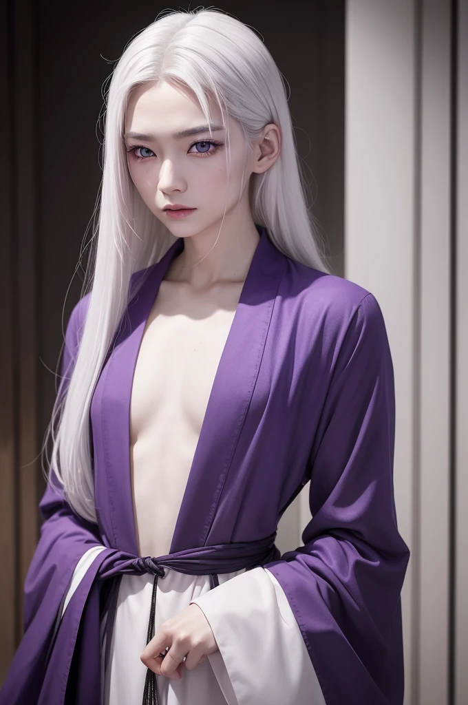 Woman of Asian descent, bee,  White hair and pale skin, Purple colored eyes, despite the beautiful skin, He has scars on his skin as a result of the experiments he has undergone over the years., revenge, hatred is in your eyes. 3x4 photo of the character. Conservative Clothes 
