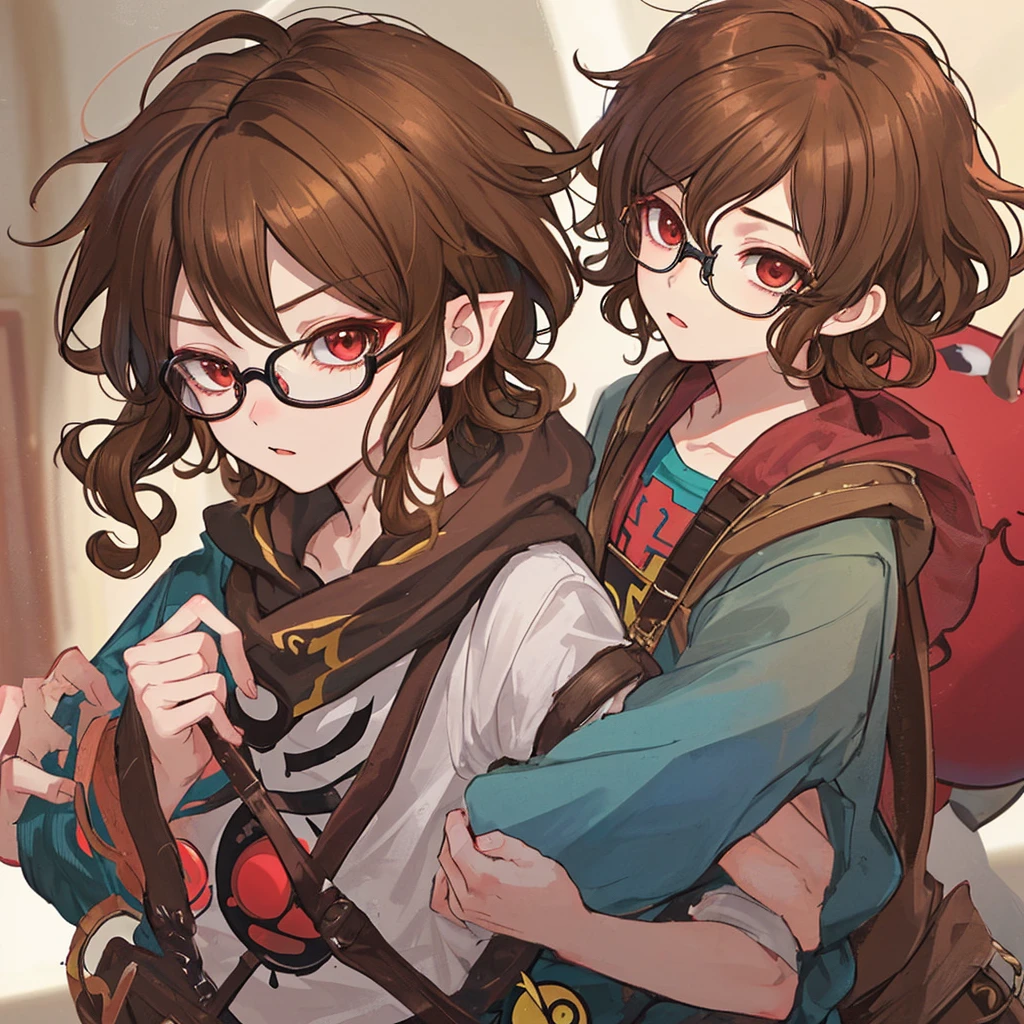 creates an image of a boy with brown hair just like his eyes, curly hair and glasses carrying Majora's mask in his hand with a wolf behind him like a spirit abused by his human parents