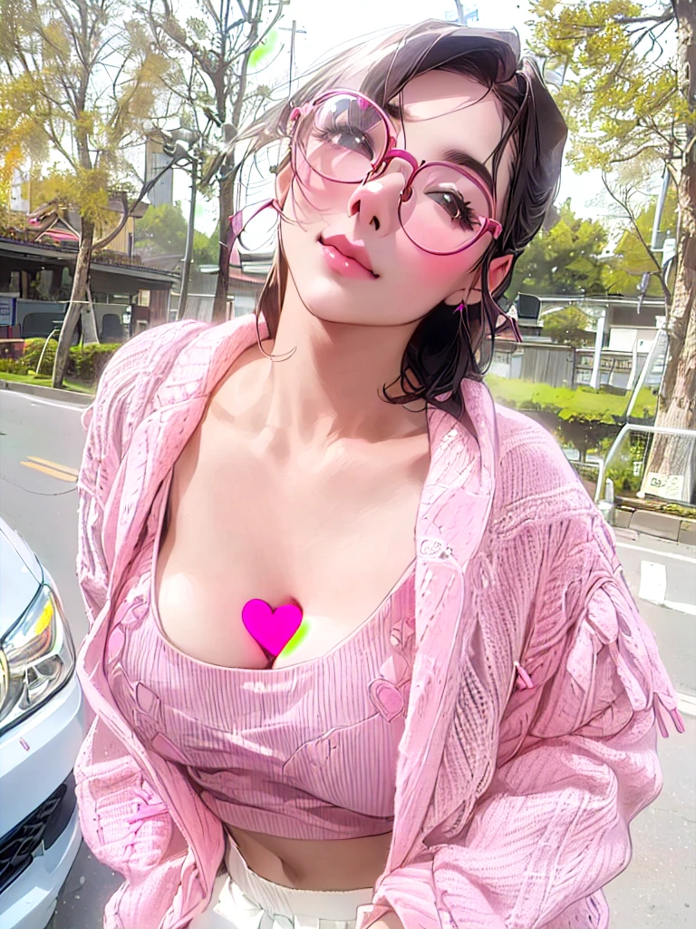 a close up of a woman wearing glasses and a pink sweater, with glasses, sie boob, open v chest clothes, sakimichan, wearing thin large round glasses, pink glasses, cleavage, Belle Delphine, Yoshitomo Nara, wearing bra, lovely woman, beads cross onbare chest, dilraba dilmurat
