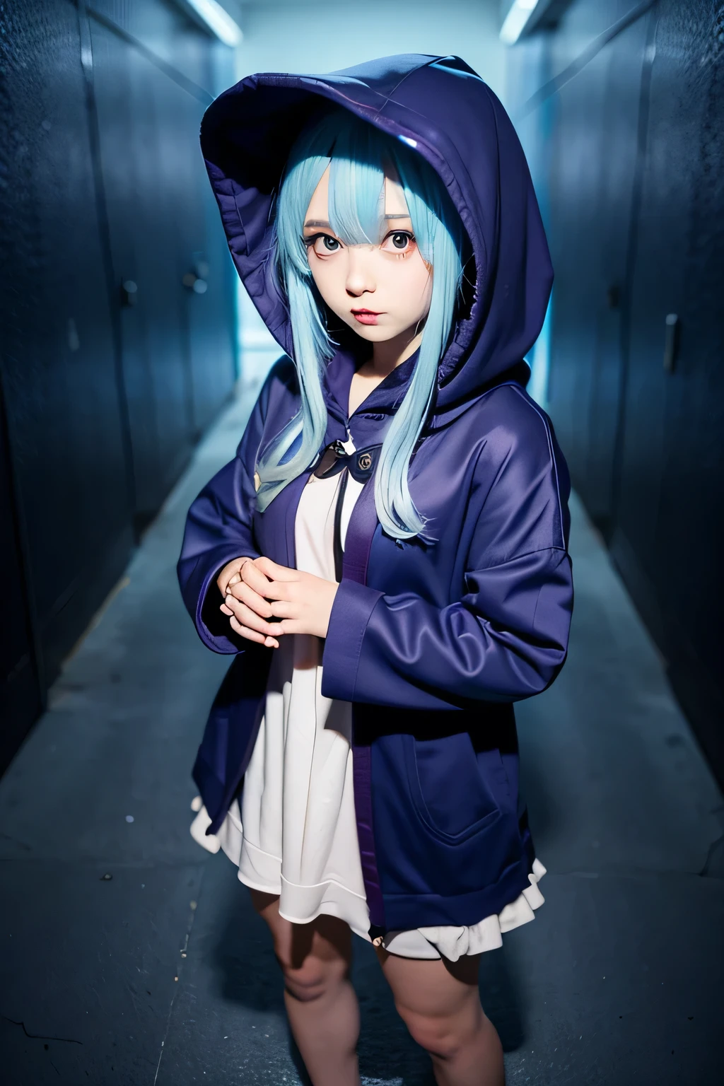 Anime illustration style, light blue hair, long hair, large eyes, small mouth, cute face, purple eyes, 16-year-old cute girl, very large bust, profession magician, navy blue hooded robe, no hood on, dark corridor style background, full body image using magic