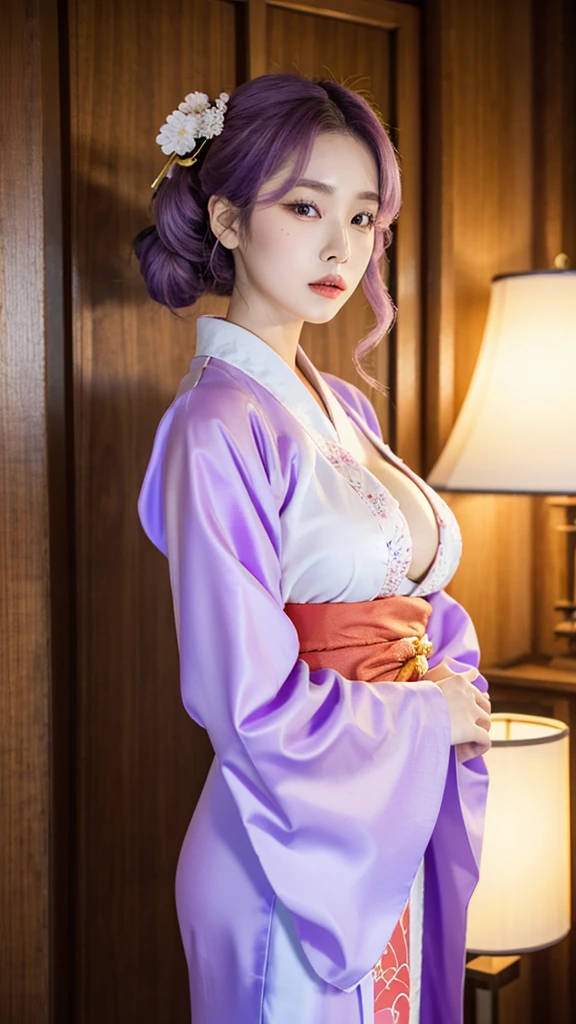 araffe woman in a kimono dress posing for a picture, in kimono, elegant japanese woman, wearing kimono, korean model, japanese kimono, japanese goddess, traditional japanese, in a kimono, wearing a kimono, pale and coloured kimono, white hanfu, kimono, wearing simple robes, classic kimono, wearing silk robe, wearing a simple robe, korean woman, heonhwa choe , big breast, show breast, light purple hair