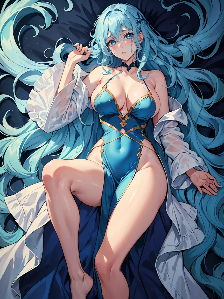 handsome girl,blue-eyes,blue pupils,Long blue hair,Hyperresolution,accuracy,Detailed rendering,(Subtle facial image)(Image of fine hair)(topquality)(Masterpieces of masters)(High degree of completeness)(A sense of atmosphere)tmasterpiece,Super detailed and super detailed(half-body portrait), long wavy blue hair, merfolk, (((larger breasts))), in water, (((tHICK WAVY HAIR)))(((ANKLE LENGTH HAIR)))(((sleep robe)))