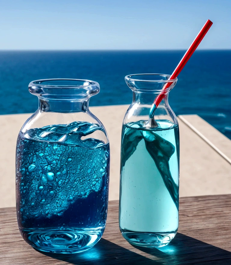 4K A complex ocean trapped in a bottle On the cafe table Vibrant colors A magnificent composition Sharp focus