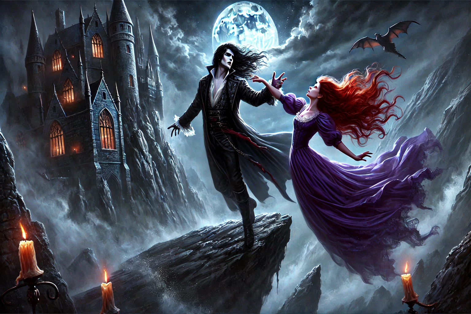 A high-resolution wide-format digital painting capturing a tragic and dramatic moment from the ballad involving Lord Strahd von Zarovich as a vampire, set at night outside Castle Ravenloft. Strahd, depicted with very long black hair and dressed in dark vampire attire, is portrayed in a moment of despair as he tries to stop Tatyana. Tatyana, with fiery red hair and slightly tanned skin, dressed in a flowing violet dress, is seen leaping from the rugged cliffs, her expression one of resolute despair. The scene is illuminated by moonlight, with dark, swirling mists and the eerie nocturnal landscape of Barovia enhancing the gothic and tragic nature of the moment.