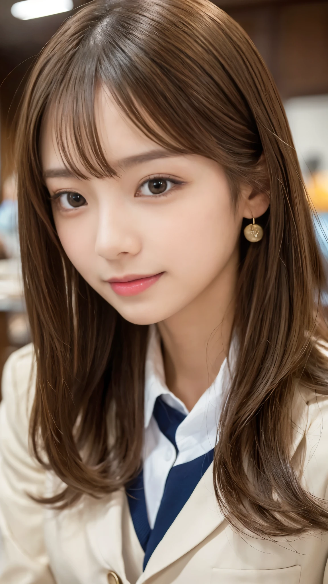 (Detailed skin:1.2),(Shiny skin:1.1),8K,Highest quality, masterpiece, Ultra-high resolution,(Realistic:1.4), RAW Photos,(Soft saturation:1.3),(Fair skin:1.2),Japanese Idols,repair,20 years, Light brown hair, (Shore Surf:1.2)、(Long Hairstyles:1.2), Asymmetrical Hair, Asymmetrical bangs (Pretty face:1.4), (Large Breasts, Tight waist), Beautiful lighting, Small Head, (Student Uniform:1.2,),Highly detailed face, Highly detailed lips, fine grain, double eyelid,(Full Body Shot), Browsing Caution, (Sharp focus: 1.2), (Perfect Anatomy、Beautiful woman with perfect figure: 1.2)、Random sexy poses,Accentuate your leg lines、Smiling