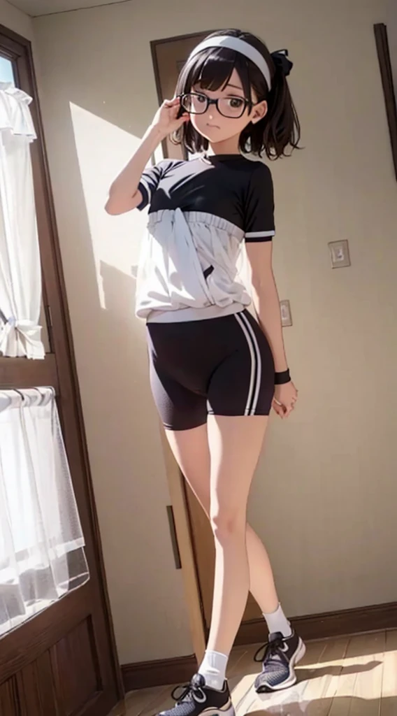 (Tabletop, Highest quality, Capture the cutest moment, Depth of written boundary, Ultra-detailed, Ultra-high resolution, C4D, Octadale, 3D Modeling, 8K, 16K, One Girl,Middle school students, small ,Black-haired,short hair,Straight Hair,Light brown eyes,White headband,Wearing black glasses,Cute face), See-through gym clothes、bloomers、Shabby room,knight,Moonlight, Recall,