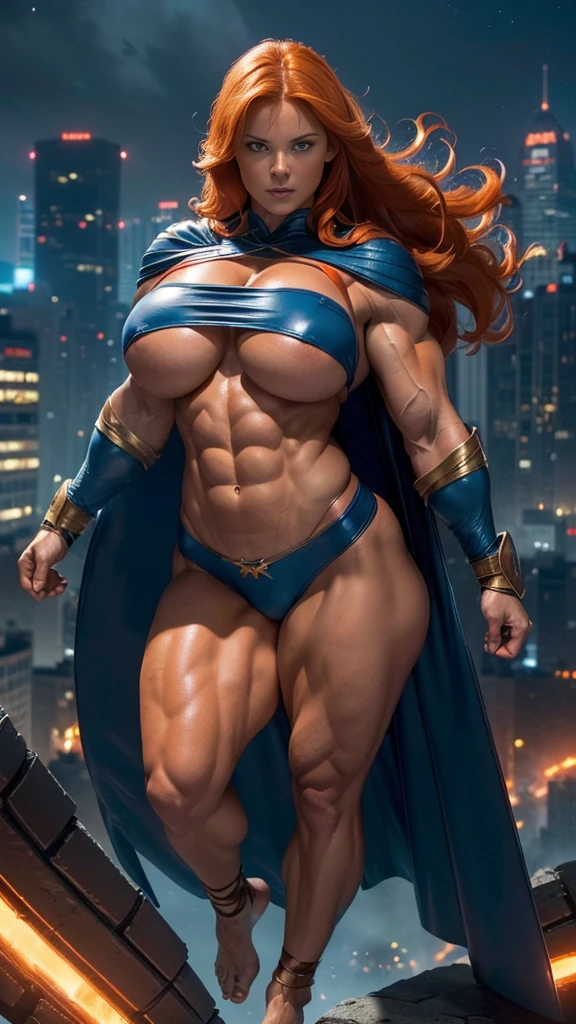 (Busty muscular brute cute Lorah, huge strong biceps volume, huge firm breasts volume, enormous tits volume, strong tonned exposed abs, muscular strong legs, bodybuilder muscles bursting in strength, exposed abs skin, tight superheroine leather blue underwear, light orange cape, ginger hair, blue eyes, night city background, bare foot, (hovering above the ground)