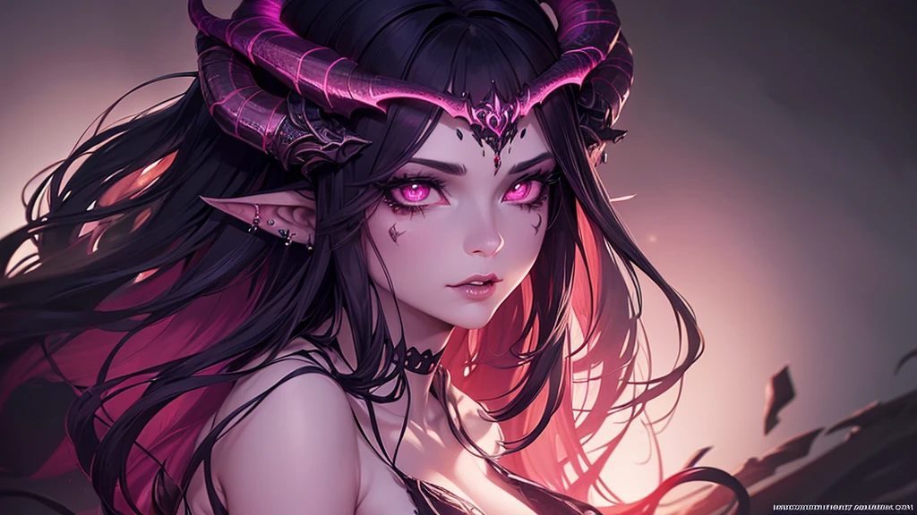 A beautiful demon girl, intricate detailed face, piercing eyes, full lips, long eyelashes, elegant horns, flowing hair, detailed facial features, dramatic lighting, dark fantasy, cinematic composition, vibrant colors, digital art, concept art, highly detailed, 8K, photorealistic, masterpiece full body