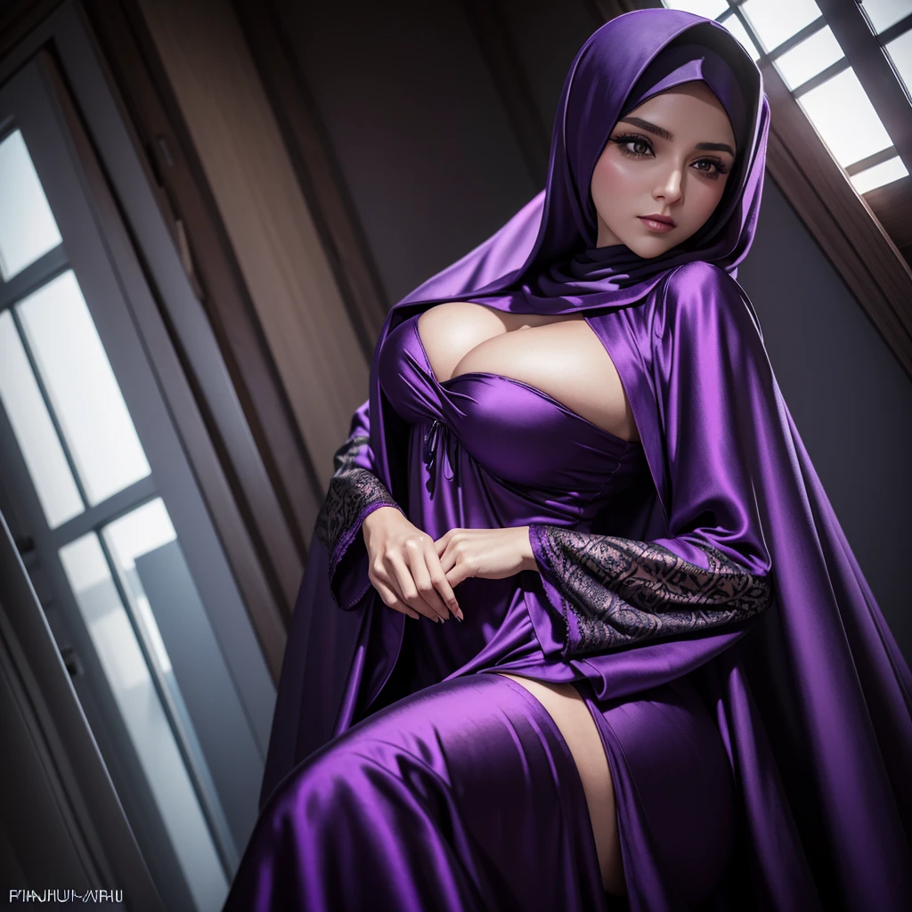 RAW-фото 24-летней девушки в никаб Satin abaya sexy purple, Satin, portrait of a person wearing hijab,, 8k contract, SLR camera, soft lighting, high quality, Granularity, Fujifilm XT3, covered dress, patterned dress, Giant breasts:1.5 
