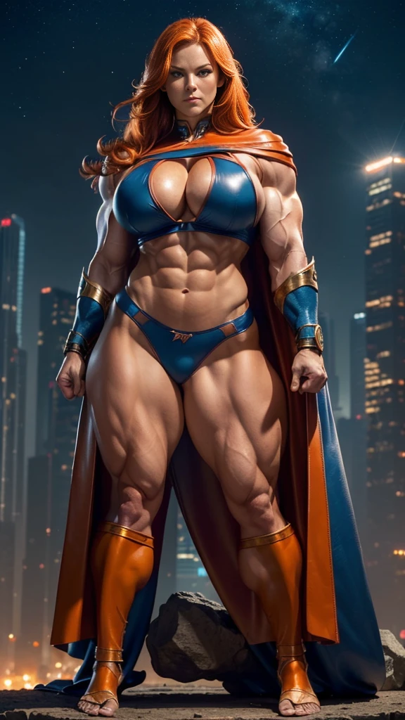 (Busty muscular brute cute Lorah, huge strong biceps volume, huge firm breasts volume, enormous tits volume, strong tonned exposed abs, muscular strong legs, bodybuilder muscles bursting in strength, exposed abs skin, tight superheroine leather blue underwear, light orange cape, ginger hair, blue eyes, night city background, bare foot, arms crossed
