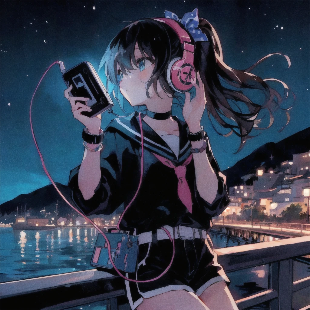 Anime girl listening to music on an old portable audio device by the water, A puzzled look,headphone,Anime atmosphere, Anime Style 4k, 80年代のAnime atmosphere, Seaside town at night,Lo-fi Girl, Nightcore, 4K Manga Wallpapers, A mix of anime style and Fujifilm, Anime Aesthetics, anime wallpaper 4k, anime wallpaper 4k, Lo-fi art style, 4k anime wallpaper, Ultra HD Anime Wallpaper