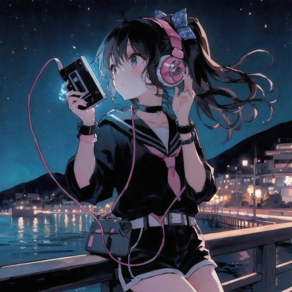 Anime girl listening to music on an old portable audio device by the water, A puzzled look,headphone,Anime atmosphere, Anime Style 4k, 80年代のAnime atmosphere, Seaside town at night,Lo-fi Girl, Nightcore, 4K Manga Wallpapers, A mix of anime style and Fujifilm, Anime Aesthetics, anime wallpaper 4k, anime wallpaper 4k, Lo-fi art style, 4k anime wallpaper, Ultra HD Anime Wallpaper