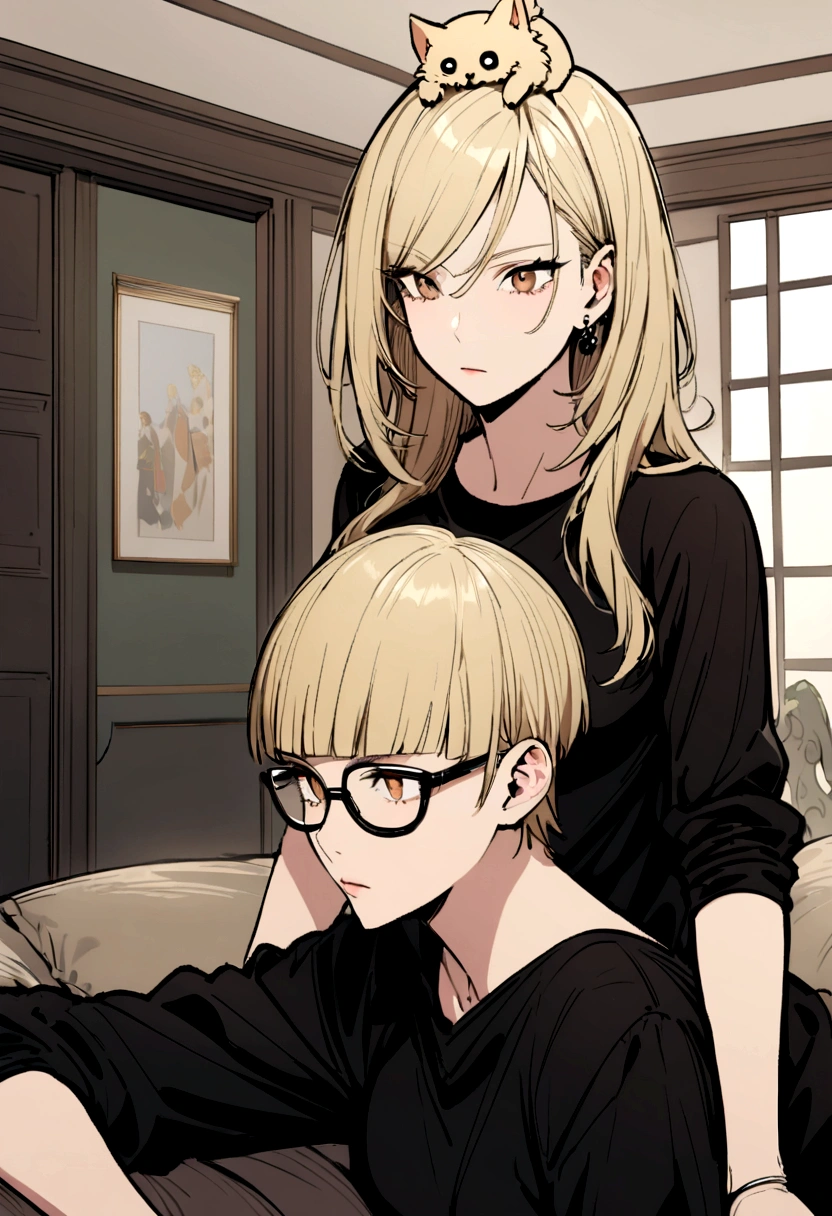 A 24 year old woman who looks cool. The woman had a flat expression. Her body is ideal and beautiful. Wearing a black shirt. She has blonde wolf cut hair and brown eyes. Her eyes were sharp. Wearing trendy glasses pushed up on top of his head. Being in a house that looks magnificent.