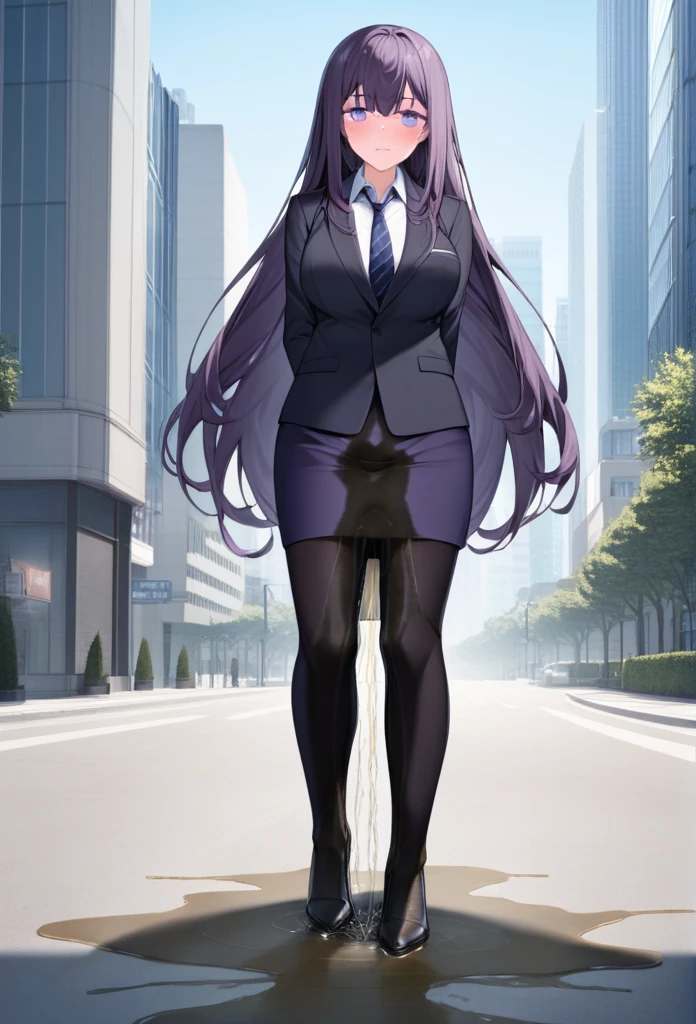(masterpiece:1.37), best quality, (extremely detailed:1.37) woman, (adult:1.5), (very long hair:1.5), dark purple hair, purple eyes, (extremely detailed eyes:1.37), breasts, business suit, necktie, (very long pencil skirt:2.0), pantyhose, (wetting herself:2.0), arms behind back, standing straight, full body day, daytime, glow, facing viewer, perfect composition, full body, city, street