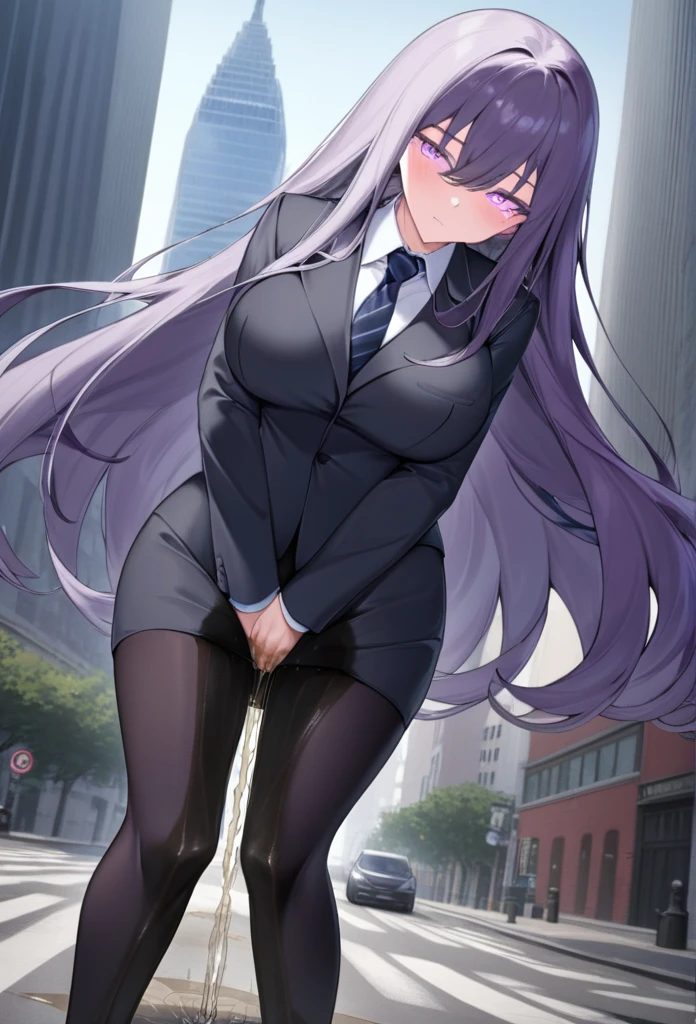 (masterpiece:1.37), best quality, (extremely detailed:1.37) woman, (adult:1.5), (very long hair:1.5), dark purple hair, purple eyes, (extremely detailed eyes:1.37), breasts, business suit, necktie, (very long pencil skirt:2.0), pantyhose, (wetting herself:2.0), arms behind back, standing straight, full body day, daytime, glow, facing viewer, perfect composition, full body, city, street