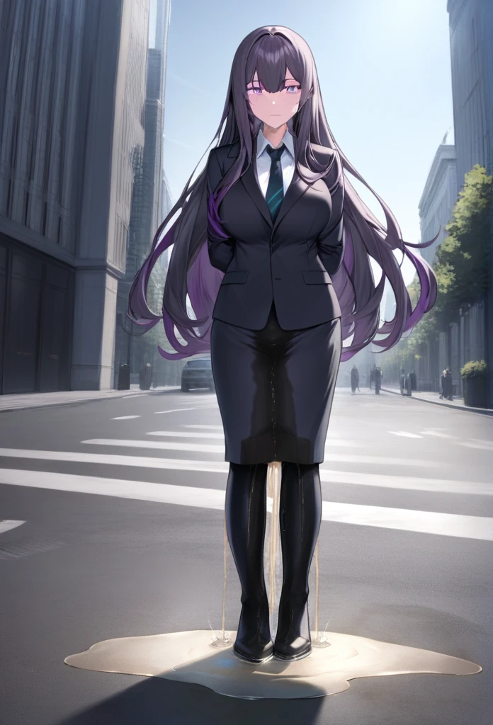 (masterpiece:1.37), best quality, (extremely detailed:1.37) woman, (adult:1.5), (very long hair:1.5), dark purple hair, purple eyes, (extremely detailed eyes:1.37), breasts, business suit, necktie, (very long pencil skirt:2.0), pantyhose, (wetting herself:2.0), arms behind back, standing straight, full body day, daytime, glow, facing viewer, perfect composition, full body, city, street